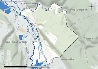Carte en couleur présentant le réseau hydrographique de la commune