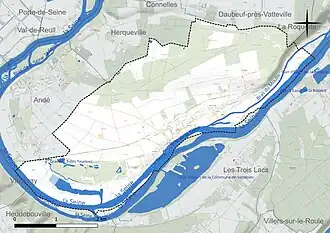 Carte en couleur présentant le réseau hydrographique de la commune