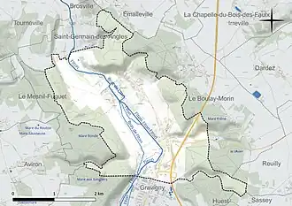 Carte en couleur présentant le réseau hydrographique de la commune