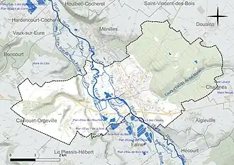 Carte en couleur présentant le réseau hydrographique de la commune