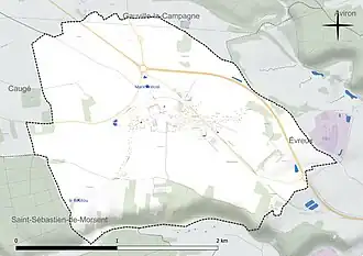 Carte en couleur présentant le réseau hydrographique de la commune