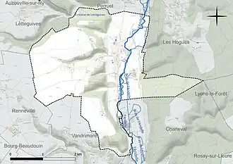 Carte en couleur présentant le réseau hydrographique de la commune