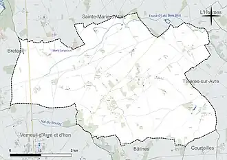 Carte en couleur présentant le réseau hydrographique de la commune