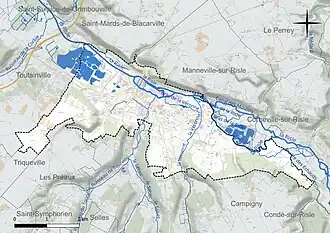 Carte en couleur présentant le réseau hydrographique de la commune
