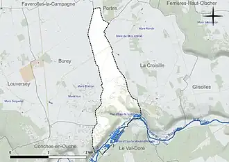 Carte en couleur présentant le réseau hydrographique de la commune