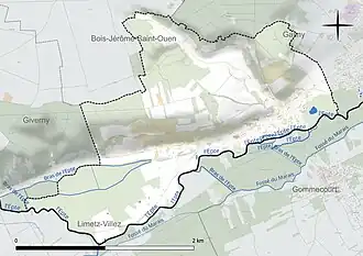Carte en couleur présentant le réseau hydrographique de la commune