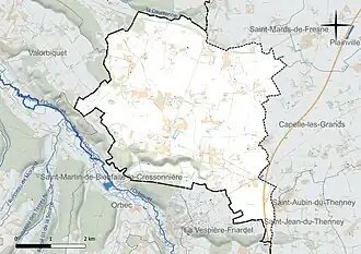 Carte en couleur présentant le réseau hydrographique de la commune