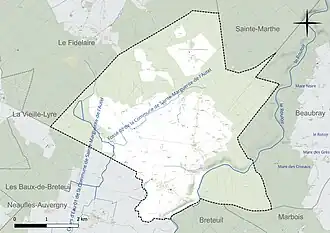 Carte en couleur présentant le réseau hydrographique de la commune