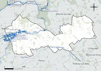 Carte en couleur présentant le réseau hydrographique de la commune