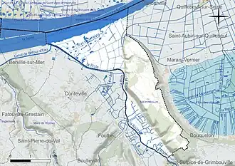 Carte en couleur présentant le réseau hydrographique de la commune