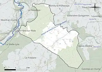 Carte en couleur présentant le réseau hydrographique de la commune