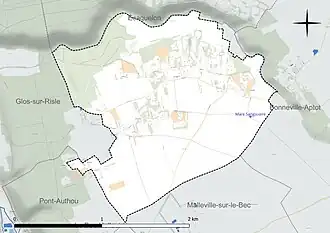 Carte en couleur présentant le réseau hydrographique de la commune
