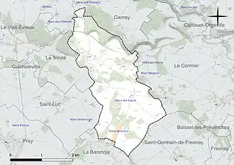 Carte en couleur présentant le réseau hydrographique de la commune