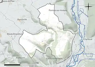 Carte en couleur présentant le réseau hydrographique de la commune