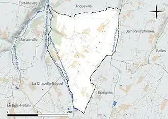 Carte en couleur présentant le réseau hydrographique de la commune