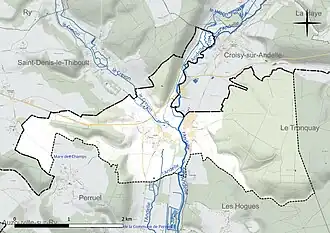 Carte en couleur présentant le réseau hydrographique de la commune