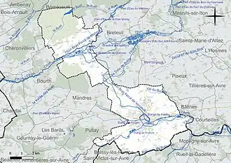 Carte en couleur présentant le réseau hydrographique de la commune