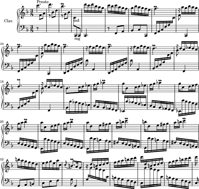 \version "2.18.2"
\header {
tagline = ##f
% composer = "Domenico Scarlatti"
% opus = "K. 367"
% meter = "Presto"
}
%% les petites notes
trillFp = { \tag #'print { f4.\prall } \tag #'midi { g32 f g f~ f4 } }
trillDp = { \tag #'print { d4.\prall } \tag #'midi { e32 d e d~ e4 } }
trillBesp = { \tag #'print { bes4.\prall } \tag #'midi { c32 bes c bes~ bes4 } }
trillDEesp = { \tag #'print { d4.\prall } \tag #'midi { ees32 d ees d~ d4 } }
trillAes = { \tag #'print { aes4\prall } \tag #'midi { bes32 aes bes aes~ aes8 } }
trillBes = { \tag #'print { bes4\prall } \tag #'midi { c32 bes c bes~ bes8 } }
trillC = { \tag #'print { c4\prall } \tag #'midi { d32 c d c~ c8 } }
trillBqp = { \tag #'print { b8.\prall } \tag #'midi { c32 b c b~ b16 } }
upper = \relative c'' {
\clef treble
\key f \major
\time 3/8
\tempo 4. = 72
\set Staff.midiInstrument = #"harpsichord"
s8*0^\markup{Presto}
c'4. d \trillBesp | s4. | d16 c d bes a g |
% ms. 6
c bes c a g f | g bes a g f e | \trillFp | \repeat unfold 2 { e16\rest a16 g bes a g | \trillFp }
% ms. 12
e16\rest f16 e g f e | \trillFp | e16\rest f16 e g f e | \trillDp | \stemUp g16\rest d16 c ees d c |
% ms. 18
\trillDEesp | \stemUp g16\rest d16 c ees d c \stemNeutral | bes8. c16 d ees | f g \trillAes | g16 bes,8 c16 d ees | f g \trillAes |
% ms. 24
g16 c,8 d16 e f | g a \trillBes | a16 c,8 d16 e f | g a \trillBes | a16 d,8 e16 fis g | a b \trillC
% ms. 30
b16 d,8 e16 fis g | a b \trillC | b16 a g f e d | e f g e a c, | \appoggiatura c16 \trillBqp \tempo 4. = 42 a16 \tempo 4. = 30 g8 \tempo 4. = 72 | \stemUp r16 d'16 b c d e |
% ms. 36
\stemNeutral f16 g a b c d \stemDown | e \stemUp d, b c d e | \stemNeutral f g a b c d | \stemDown e
}
lower = \relative c' {
\clef bass
\key f \major
\time 3/8
\set Staff.midiInstrument = #"harpsichord"
% ************************************** \appoggiatura a16 \repeat unfold 2 { } \times 2/3 { } \omit TupletNumber
r8 \stemDown \change Staff = "upper" f8 a | r8 bes8 d | r8 g,8 bes | c,8-\markup{md} \stemUp \change Staff = "lower" c,,-\markup{mg} c| c4.
% ms. 6
r8 f8 a | bes c c, | \repeat unfold 2 { f16 a c f a \stemDown \change Staff = "upper" c | f8 \stemUp \change Staff = "lower" c,,4 } \stemNeutral |
% ms. 12
\repeat unfold 2 { d16 f a d f a | d8 a,4 } | \repeat unfold 2 { \stemUp bes16 d f bes \stemDown \change Staff = "upper" d f |
% ms. 18
bes8 \stemNeutral \change Staff = "lower" f,,4 } | bes16 \repeat unfold 2 { bes' aes g f ees | d c bes aes g f |
% ms. 24
ees16 } \repeat unfold 2 { c'' bes a g f | e d c bes a g | f } d'' c b a g | fis e d c b a | g d'' c b a g | fis e d c b a |
% ms. 30
g8 a b | c e f | g g,4 | % d'' c b a g | fis e d c b a |
% ms. 36
\stemUp g'16 \repeat unfold 2 { \stemDown \change Staff = "upper" g' f e d \change Staff = "lower" c \stemNeutral | b a g f e d | c }
}
thePianoStaff = \new PianoStaff <<
\set PianoStaff.instrumentName = #"Clav."
\new Staff = "upper" \upper
\new Staff = "lower" \lower
>>
\score {
\keepWithTag #'print \thePianoStaff
\layout {
#(layout-set-staff-size 17)
\context {
\Score
\override TupletBracket.bracket-visibility = ##f
\override SpacingSpanner.common-shortest-duration = #(ly:make-moment 1/2)
\remove "Metronome_mark_engraver"
}
}
}
\score {
\keepWithTag #'midi \thePianoStaff
\midi { }
}