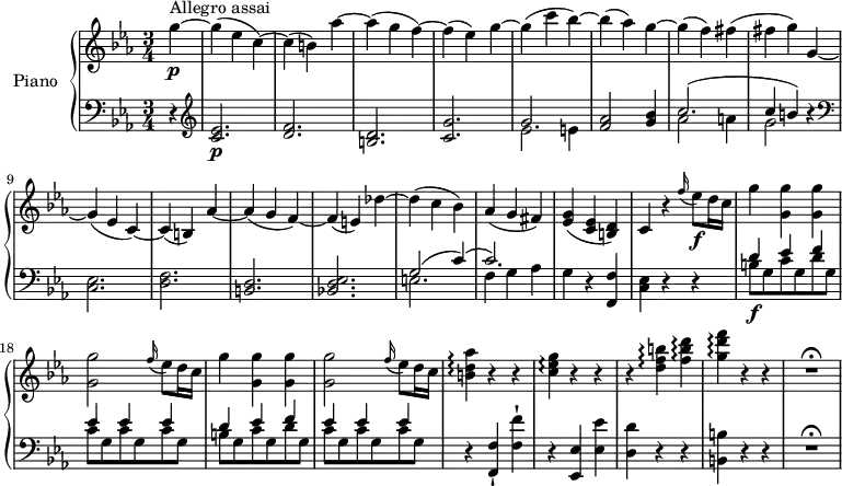 
\version "2.18.2"
\header {
  tagline = ##f
}
upper = \relative c' {
  \clef treble 
  \key ees \major
  \time 3/4
  \tempo "Allegro assai"
  \tempo 4 = 200
  %\autoBeamOff

  % Incipit Mozart, sonate K.457
     \partial 4 g''4 \p ^ \markup {Allegro assai } ~ g (ees c) 
       ~ c (b) aes' ~ 
       aes (g f) ~ f (ees) g ~
       g (c bes) ~ bes (aes) g ~
       g (f)  fis (fis g)
       g, ~ g (ees c) ~
       c (b) aes' ~ aes (g f)
       ~ f (e) des' ~ des (c bes)
       aes (g fis)
       <ees g> (<c ees> <b d>)
       c4 r \grace f'16 (ees8)\f d16 c
       g'4 <g, g'> <g g'> <g g'>2 \grace f'16 (ees8) d16 c
       g'4 <g, g'> <g g'> <g g'>2 \grace f'16 (ees8) d16 c
      <b d aes'>4 \arpeggio r r
      <c ees g>\arpeggio r r
      r <d f b>\arpeggio <f b d>\arpeggio
      <g d' f>\arpeggio r r R2.^\fermata
  
}

lower = \relative c' {
  \clef bass
  \key ees \major
  \time 3/4
     \partial 4 r4
     \clef treble <c ees>2.  \p <d f>
     <b d> <c g'> << { \stemDown ees2  e4} \\ {  \stemUp g2. } >>
     <f aes>2 <g bes>4
     << { \stemDown aes2  a4 g2} \\ {  \stemUp c2.  ^ (c4 b) } >> r4 \clef bass
     <c,, ees>2. <d f> <b d> <bes! d es>
    << { \stemDown e!2.  f4 g aes} \\ {  \stemUp g2 ^(c4)  ^ (c2.) } >>
    g4 r <f, f'>
       <c' es> r r
  << { \stemDown b'8\f g  c g d' g, c g c g c g b g c g d' g, c g c g c g } \\ {  \stemUp d'4 ees f  ees ees ees  d ees f ees ees ees } >>
  r4 <f,, f'>-! <f' f'>-!
  r <ees, ees'> <ees' ees'>
  <d d'> r r <b b'> r r
  R2.^\fermata
} 

\score {
  \new PianoStaff <<
    \set PianoStaff.instrumentName = #"Piano"
    \new Staff = "upper" \upper
    \new Staff = "lower" \lower
  >>
  \layout {
    \context {
      \Score
      \remove "Metronome_mark_engraver"
    }
  }
  \midi { }
}
