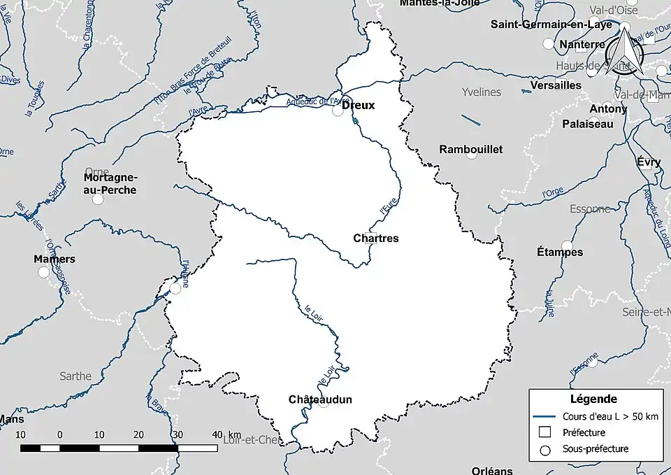Carte des cours d'eau de longueur supérieure à 50&nbsp;km d'Eure-et-Loir.
