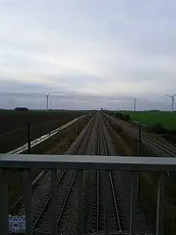 Ligne de chemin de fer et parc éolien.