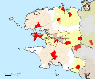Localisation de l'aire d'attraction de Pleyben dans le département du Finistère.