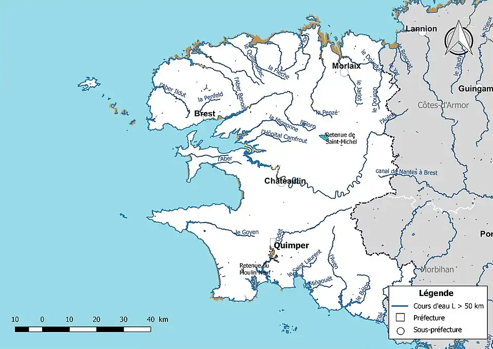 Carte des cours d'eau de longueur supérieure à 50&nbsp;km du Finistère.