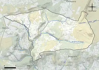 Carte en couleur présentant le réseau hydrographique de la commune