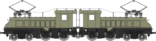 Locomotive double symétrique avec une livrée kaki et un châssis gris foncé.