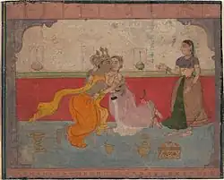 Krishna embrasse Radha. Folio du Rasikapriya dispersé de Boston. Amber, v. 1610. Metropolitan Museum of Art