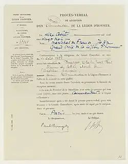 Papier administratif de la Légion d'honneur écrit à l'encre.