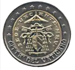 Pièce de 2 euros aux armes du camerlingue Eduardo Martínez Somalo, légendée .SEDE·VACANTE·MMV. (2005).