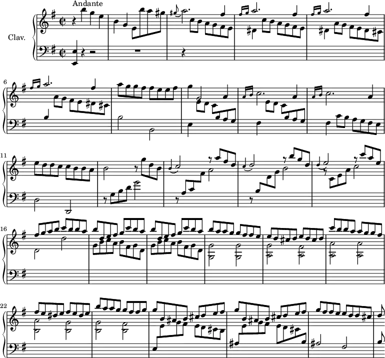 \version "2.18.2"
\header {
tagline = ##f
% composer = "Domenico Scarlatti"
% opus = "K. 232"
% meter = "Andante"
}
%% les petites notes
%trillBesp = { \tag #'print { bes4.\prall } \tag #'midi { c32 bes c bes~ bes4 } }
upper = \relative c'' {
\clef treble
\key e \minor
\time 2/2
\tempo 2 = 72
\set Staff.midiInstrument = #"harpsichord"
\override TupletBracket.bracket-visibility = ##f
s8*0^\markup{Andante}
r4 b'4 g e | b g e8 b'' a gis | \appoggiatura gis8 a2. \stemUp fis4 | \repeat unfold 3 { \grace { \tempo 2 = 30 fis16 g } \tempo 2 = 72 a2. \stemUp fis4 } \stemNeutral
% ms. 7
a8 g g fis fis e e fis | g4 g,2 a4 |
% ms. 9
\repeat unfold 2 { \grace { \tempo 2 = 30 a16 b } \tempo 2 = 72 c2. a4 } | e'8 d d c c b b a | b2 r8 g'8 d b |
% ms. 13
\appoggiatura b4 \stemUp c2 g'8\rest a8 fis d | \appoggiatura c4 d2 g8\rest b8 g d | \appoggiatura d4 e2 g8\rest c8 a e | fis g a b c b b a |
% ms. 17
\repeat unfold 2 { b8 d, e fis g c b a } | b a a g g fis fis e | \repeat unfold 2 { e d cis d }
% ms. 21
c'8 b b a a g g fis| \repeat unfold 2 { fis e dis e } | b'8 a a g g fis fis g | \repeat unfold 2 { g b, ais b cis d e fis } |
% ms. 26
g8 fis fis e e d d cis | d
% ms. 29
}
lower = \relative c' {
\clef bass
\key e \minor
\time 2/2
\set Staff.midiInstrument = #"harpsichord"
\override TupletBracket.bracket-visibility = ##f
% ************************************** \appoggiatura a16 \repeat unfold 2 { } \times 2/3 { } \omit TupletNumber
< e,, e' >4 r4 r2 | R1 | r4 \stemDown \change Staff = "upper" \repeat unfold 2 { c'''8 b a g fis e |
% ms. 5
dis4 } a'8 g fis e dis cis | \stemUp \change Staff = "lower" b4 \stemDown \change Staff = "upper" a'8 g fis e dis cis | \stemNeutral \change Staff = "lower" b2 b,2 | e4 \repeat unfold 2 { \stemDown \change Staff = "upper" e'8 d c \stemNeutral \change Staff = "lower" b a g |
% ms. 9
fis4 } c'8 b a g fis e | d2 d, | r8 g'8 b d g2 |
% ms. 13
r8 a,8 c \stemDown \change Staff = "upper" fis a2 | \stemUp \change Staff = "lower" r8 b,8 \stemDown \change Staff = "upper" d g b2 | r8 c,8 e a c2 | d, d' |
% ms. 17
\repeat unfold 2 { g,8 b c a b fis g d } | < g, g' >2 q | < a g' > < a fis' >
% ms. 21
< a a' >2 q | < b a' > < b g' > | q < b fis' > | \stemUp \change Staff = "lower" e,8 \stemDown \change Staff = "upper" e' g fis e d cis b |
% ms. 25
\stemUp \change Staff = "lower" ais8 \stemDown \change Staff = "upper" e' g fis e d cis \stemUp \change Staff = "lower" b | ais2 fis | b8
% ms. 29
}
thePianoStaff = \new PianoStaff <<
\set PianoStaff.instrumentName = #"Clav."
\new Staff = "upper" \upper
\new Staff = "lower" \lower
>>
\score {
\keepWithTag #'print \thePianoStaff
\layout {
#(layout-set-staff-size 17)
\context {
\Score
\override SpacingSpanner.common-shortest-duration = #(ly:make-moment 1/2)
\remove "Metronome_mark_engraver"
}
}
}
\score {
\keepWithTag #'midi \thePianoStaff
\midi { }
}