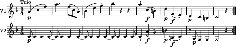 
<<
  \new Staff \with {
       instrumentName = #"V1" }
     \relative c'' { 
         \version "2.18.2"
         \clef "treble" 
         \tempo "Trio" 
         \key f \major
         \time 3/4
          a4\p (c f)
          a4. f8 (c a)
          bes4 (e g)
          bes r4 r4
          a-! c,\f (b)
          d\p f,\f (e)
          d\p c b
          c2 r4 \bar ":|."
}
\new Staff \with {
         instrumentName = #"V2" }
  \relative c'' { 
         \clef "treble" 
         \key f \major
         \time 3/4
         c,8\p c4 c c8~
         c8 c4 c c8~
         c8 c4 c c8~
         c8 c4 c c8
         c4-! <<{a'\f ^(g)} {d2}>>
         b'4\p b,\f (c) 
         r8 a8\p g4 g
         g2 r4 \bar ":|."
 }
>>

