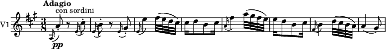 
\version "2.18.2"
 \new Staff \with { instrumentName = #"V1"}
 \relative c' {
    \key a \major 
    \tempo " Adagio"
    \time 3/8
    \tempo 4 = 50
    
     \grace a16 (a'8)-.  \pp  ^ \markup {con sordini}  r  \grace e16 (cis'8)-.
     \grace e,16 (b'8)-. r \grace e,16 (gis8)-.
     \grace e16 (e'4) fis32 (e d cis)
     cis16 d8 b cis16
     \grace a16 (fis'4) a32 (gis fis e)
     e16 d8 b cis16
     \grace fis,16 (b4) d32 (cis b a)
     a4 (gis8)
}
