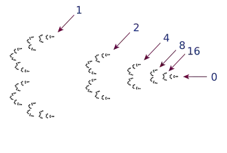 Les entiers dyadiques. Montrer tous les rationnels dyadiques ferait apparaître une suite infinie de petits bouquets sur la gauche de la figure.
