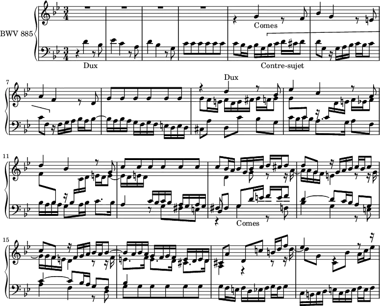 
\version "2.18.2"
\header {
  tagline = ##f
}

Dux   = { r4 d4-\markup{Dux} r8 bes8 | ees4 c r8 a8 | d4 bes r8 g8 c c c c c c | c bes16 a }
Comes = { r4 g4-\markup{Comes} r8 f8 | bes4 g r8 e8 | a4 f r8 d8 g g g g g g | \stemDown g f16 e }

upper = \relative c'' {
  \clef treble 
  \key g \minor
  \time 3/4
  \tempo 4 = 72
  \set Staff.midiInstrument = #"harpsichord" 

   %% FUGUE CBT II-10, BWV 876, mi mineur
   << { R2.*4 s2.*4 \Dux bes16 g bes c d cis d8 | d g, r16 g16 a bes c bes c8 | c f, r16 f g a bes a bes8~ | bes16 a bes a g f g f e d e d | cis8 a' d,[ c'!] b16 d f8 | ees4 d,4\rest r8 r16 } 
     \\ 
      { s2.*4 \stemUp \Comes f16 d e fis g f g8 g \stemUp \change Staff = "lower" c,8 f16\rest c16  \stemDown \change Staff = "upper"  d e f ees f8 | f \stemUp \change Staff = "lower" bes,8 f'16\rest bes,16 \stemDown \change Staff = "upper" c d e d e8~ | e16 d e d \stemUp \change Staff = "lower" c16 bes c bes a g a g fis8  \stemDown \change Staff = "upper" d'4 g8 r8 r16 a16~ a a g f e4 r8 r16 g16~ | g g f e d4 r8 r16 f16 e8. f16 e8. d16 cis8. d16 a4 r4 r8 r16 d'16~ | d8 g, c,[ bes'] a16 c ees8~ | } >>
   
}

lower = \relative c' {
  \clef bass 
  \key g \minor
  \time 3/4
  \set Staff.midiInstrument = #"harpsichord" 
 
   \Dux bes16 g-\markup{Contre-sujet} \[ bes c d cis d8 d g, r16 g a bes c bes c8
   c8 f, \] r16 f g a bes a bes8~ bes16 a bes a g f g f e d e d | cis8 a' d,[ c'] bes g | c16 bes c bes a8. g16 a8 f | bes16 a bes a g8 a16 bes c8. bes16 | 
   << { a4 e8\rest \stemDown g8 fis e | \stemUp  \shiftOnnn d8 \shiftOff fis g8 d'16 e f e f8 d4~ d8 c16 bes a8 g | c4~ c8 bes16 a g8 f bes4 } \\ { s2. \relative c \stemDown { \Comes } f16 d ees f g f g8 | c,16 b c d e c d e f e f8 | } >> 
} 

\score {
  \new PianoStaff <<
    \set PianoStaff.instrumentName = #"BWV 885"
    \new Staff = "upper" \upper
    \new Staff = "lower" \lower
  >>
  \layout {
    \context {
      \Score
      \remove "Metronome_mark_engraver"
      \override SpacingSpanner.common-shortest-duration = #(ly:make-moment 1/2)
      \override TupletBracket.bracket-visibility = ##f
      \omit TupletNumber
    }
  }
  \midi { }
}
