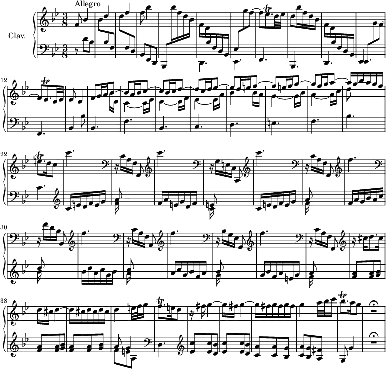 
\version "2.18.2"
\header {
  tagline = ##f
  % composer = "Domenico Scarlatti"
  % opus = "K. 57"
  % meter = "Allegro"
}

%% les petites notes
trillEesp     = { \tag #'print { ees8.\trill } \tag #'midi { f32 ees f ees~ ees16 } }
trillEqp      = { \tag #'print { e8.\trill } \tag #'midi { f32 e f e~ e16 } }
trillFqp      = { \tag #'print { f8.\trill } \tag #'midi { g32 f g f~ f16 } }
trillBesqp    = { \tag #'print { bes8.\trill } \tag #'midi { c32 bes c bes~ bes16 } }

upper = \relative c'' {
  \clef treble 
  \key bes \major
  \time 3/8
  \tempo 4. = 78
  \set Staff.midiInstrument = #"harpsichord"
  \override TupletBracket.bracket-visibility = ##f

      s8*0^\markup{Allegro}
      \stemUp f,8 bes4 | s8 d4 | s8 f4 | \stemDown f8 bes4 | \stemUp \change Staff = "lower" bes,,,,8  \stemDown  \change Staff = "upper" bes''''16 f d bes | f16 d \stemUp \change Staff = "lower"  bes f d bes | ees8  \stemDown  \change Staff = "upper" g''8 f~ |
      % ms. 8
      f8 \trillEesp d32 ees | d8 bes'16 f d bes f d  \stemUp \change Staff = "lower" bes f d bes | ees,8 \stemDown  \change Staff = "upper"  g'' f~ |  \stemNeutral  f \trillEesp d32 ees | ees8 d4 |
      % ms. 14
      << { f8 g16 a bes8~ | bes a16 bes c8~ | c bes16 c d8~ | d c16 d ees8~ | ees d16 e f8~ | f e16 f g8~ | g f16 g a8~ | a16 g bes a g f } \\ { s4 bes,16 d, | c4~ c16 ees | d4~ d16 f | ees4~ ees16 a | bes4 bes16 a | g4~ g16 bes | a4~ a16 c d8 } >> 
      % ms. 22
      \trillEqp d16 c8 | c'4. |  \clef bass 
      % ms. 24
      r16 c,,16[ a f] f,8 | \clef treble  c''''4. | \clef bass r16 g,,16[ e c] c,8 | \clef treble  c''''4. | \clef bass r16 c,,16[ a f] f,8 | \clef treble  f'''4. | \clef bass r16 f,16[ d bes] bes,8 | \clef treble  f'''4. |
      % ms. 32
      \clef bass r16 c,16[ a f] a,8 | \clef treble  f'''4. | \clef bass r16 bes,,16[ g ees] g,8 | \clef treble  f'''4. | \clef bass r16 c,16[ a f] f,8 | \clef treble r16 cis'''16 d8. cis16 | d cis d4~ | \repeat unfold 3 { d16 cis }
      % ms. 40
      d4 e32 f g16 | \trillFqp e16 d8 | r16 fis16 g4~ | g16 fis g4~ | \repeat unfold 3 { g16 fis } | g4 a32 bes c16 | \trillBesqp a16 g8 | R4.\fermata

}

lower = \relative c' {
  \clef bass
  \key bes \major
  \time 3/8
  \set Staff.midiInstrument = #"harpsichord"
  \override TupletBracket.bracket-visibility = ##f

    % ************************************** \appoggiatura a16  \repeat unfold 2 {  } \times 2/3 { }   \omit TupletNumber 
      r8 d8 bes | \stemDown \change Staff = "upper" bes' \stemUp \change Staff = "lower"  bes, f | \stemDown \change Staff = "upper" d''  \stemUp \change Staff = "lower"  f,, d | bes f d | s4. | \stemDown \mergeDifferentlyDottedOn d4. ees4. |  \stemNeutral
      % ms. 8
      f4. bes, d ees f | bes4 bes'8 | bes,4. f' |
      % ms. 16
      bes,4. c d e f bes c |   \clef treble  c16 e d f e g |
      % ms. 24
      << { a8 } \\ { f16 } >> s4 |  f16 a e g d f | << { e8 } \\ { c16 } >> s4 | c16 e d f e g | << { a8 } \\ { f16 } >> s4 | f16 a g bes a c | << { d8 } \\ { bes16 } >> s4 | bes16 d a c g bes |
      % ms. 32
      << { c8 } \\ { a16 } >> s4 | a16 c g bes f a | << { bes8 } \\ { g16 } >> s4 | g16 bes f a e g | << { a8 } \\ { f16 } >> s4 | \repeat unfold 3 { < f a >8 q < g bes > } |
      % ms. 40
      << { a8 g4 } \\ { f8 e a, } >>   \clef bass d,4.  |  \clef treble \repeat unfold 2 { < ees' c' >8 q < d bes' > } | < c a' > q < bes g' > | < c a' > < bes g' > < a fis' > | g8 g'4 | R4.\fermata

}

thePianoStaff = \new PianoStaff <<
    \set PianoStaff.instrumentName = #"Clav."
    \new Staff = "upper" \upper
    \new Staff = "lower" \lower
  >>

\score {
  \keepWithTag #'print \thePianoStaff
  \layout {
      #(layout-set-staff-size 17)
    \context {
      \Score
     \override SpacingSpanner.common-shortest-duration = #(ly:make-moment 1/2)
      \remove "Metronome_mark_engraver"
    }
  }
}

\score {
  \keepWithTag #'midi \thePianoStaff
  \midi { }
}
