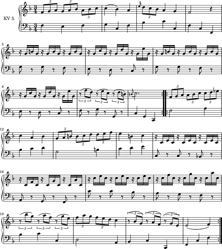 \version "2.14.2"
\header {
tagline = ##f
}
upper = \relative c'' {
\clef treble
\key f \major
\time 3/4
\tempo 4 = 110
\tempo "Menuetto"
\set Staff.midiInstrument = #"dulcimer"
\repeat volta 2 {
\tuplet 3/2 {f,8 g a } \tuplet 3/2 {g8 a bes} \tuplet 3/2 {a8 bes c}
|c4 (bes) a
\grace e'16 \tuplet 3/2 {d8 c bes} a4 g
f2 r4
r16 g b g r g b g r g b g
r16 g c g r g d' g, r g e' g,
r16 g b g r g b g r g b g
r16 g c g r g d' g, r g e' g,
\tuplet 3/2 {r8 (f' d) } \tuplet 3/2 {r8 (e c)} \tuplet 3/2 {r8 (d b)}
\grace b8 (c2.)
}
\repeat volta 2 \relative c' {
\tuplet 3/2 {f8 g a } \tuplet 3/2 {a8 bes c} \tuplet 3/2 {c8 d ees}
|c4 a bes
\tuplet 3/2 {g8 a b } \tuplet 3/2 {b8 c d} \tuplet 3/2 {d8 e f}
|e4 b c
r16 c, e c r c e c r c e c
r16 c f c r c g' c, r c a' c,
r16 c' e c r c e c r c e c
r16 c f c r c g' c, r c a' c,
\tuplet 3/2 {r8 (bes' g) } \tuplet 3/2 {r8 (a f)} \tuplet 3/2 {r8 (g e)}
\tuplet 3/2 {f8 a g } \tuplet 3/2 {f8 e d} c4
\tuplet 3/2 {r8 (bes g) } \tuplet 3/2 {r8 (a f)} \tuplet 3/2 {r8 (g e)}
e2 (f4)
}
}
lower = \relative c {
\clef bass
\key f \major
\time 3/4
\set Staff.midiInstrument = #"harpsichord"
\repeat volta 2 {
f4 e f | g c, f | bes c c, | f c f, | g'8 r g r f r | e r d r c r | g' r g r f r | e r d r c r |f r g r g, r | c4 g c,
}
\repeat volta 2 \relative c {
f2 a4 | bes c d | g,2 b4 | c d e|
c,8 r c r bes! r | a r g r f r | c'' r c r bes r | a r g r f r
bes4 c c,
d2 a4
bes c c,
f c' f
}
}
\score {
\new PianoStaff <<
\set PianoStaff.instrumentName = #"KV 5."
\new Staff = "upper" \upper
\new Staff = "lower" \lower
>>
\layout {
\context {
\Score
\remove "Metronome_mark_engraver"
}
}
\midi { }
}