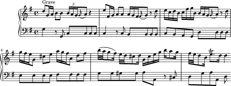
\version "2.18.2"
\header {
  tagline = ##f
  % composer = "Domenico Scarlatti"
  % opus = "K. 91"
  % meter = "Grave – Allegro"
}

%% les petites notes
trillEqp     = { \tag #'print { e8.\trill } \tag #'midi { \times 2/3 { fis32 e fis } e8 } }

upper = \relative c'' {
  \clef treble 
  \key g \major
  \time 4/4
  \tempo 4 = 52
  \set Staff.midiInstrument = #"oboe"

      s8*0^\markup{Grave}
      d8-\tweak stencil ##f \f g,16 a b8 b \times 2/3 { b16 a g } \appoggiatura g16 a8 r4 |
      e'8 fis,16 g a8 a  \omit TupletNumber  \times 2/3 { a16 g fis } \appoggiatura fis16 g8 r8 d'8 |
      e16 c d b c fis g b,  \times 2/3 { b16 a g } \appoggiatura g16 a8 r8 d8 |
      % ms. 5
      \times 2/3 { g16 fis e } g,8 cis e \times 2/3 { a16 g fis } a,8 d fis | b32( a g8 fis16) e32 d cis8 d16 g, cis e g b a8 g16 |
      fis32 e d8 b16 \trillEqp d16 d4*1/2

}

lower = \relative c' {
  \clef bass
  \key g \major
  \time 4/4
  \set Staff.midiInstrument = #"harpsichord"

    % ************************************** \appoggiatura a16  \repeat unfold 2 {  } \times 2/3 { }   \omit TupletNumber 
      g4-\tweak stencil ##f \p r8 g,8 | c c c c | c4 r8 c8 b b b b | c b a g d' d d d |
      % ms. 5
      e8 e e e fis fis fis fis | g g gis gis a a, r8 cis8 | d g a a, d

}

thePianoStaff = \new PianoStaff <<
    \set PianoStaff.instrumentName = #""
    \new Staff = "upper" \upper
    \new Staff = "lower" \lower
  >>

\score {
  \keepWithTag #'print \thePianoStaff
  \layout {
      #(layout-set-staff-size 17)
    \context {
      \Score
     \override TupletBracket.bracket-visibility = ##f
     \override SpacingSpanner.common-shortest-duration = #(ly:make-moment 1/2)
      \remove "Metronome_mark_engraver"
    }
  }
}

\score {
  \keepWithTag #'midi \thePianoStaff
  \midi { }
}
