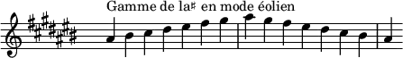 \relative c'' {
\key ais \aeolian
\clef treble \time 7/4 \hide Staff.TimeSignature ais4^\markup { Gamme de la♯ en mode éolien } bis cis dis eis fis gis ais gis fis eis dis cis bis ais
}