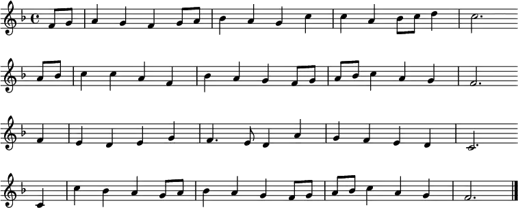 \new Staff <<
\clef treble \key f \major {
\time 4/4 \partial 4
\relative f' {
f8 g | a4 g f g8 a | bes4 a g c | c a bes8 c d4 | c2. \bar"" \break
a8 bes | c4 c a f | bes a g f8 g | a bes c4 a g | f2. \bar"" \break
f4 | e d e g | f4. e8 d4 a' | g f e d | c2. \bar"" \break
c4 | c' bes a g8 a | bes4 a g f8 g | a bes c4 a g | f2. \bar"|."
}
}
%\new Lyrics \lyricmode {
%}
>>
\layout { indent = #0 }
\midi { \tempo 4 = 86 }