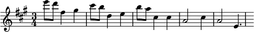 \new Staff {
\relative c' {
\key a \major
\time 3/4
e''8 d8 fis,4 gis4
cis8 b8 d,4 e4
b'8 a8 cis,4 cis
a2 cis 4 a2 e4.
}
}
\midi {
\context {
\Score
tempoWholesPerMinute = #(ly:make-moment 120 4)
}
}