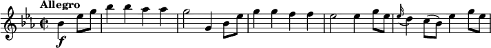 \relative c'' {
\version "2.18.2"
\key ees \major
\tempo "Allegro"
\time 2/2
\partial2 bes4\f ees8 g bes4 bes aes aes g2
g,4 bes8 ees g4 g f f
ees2 ees4 g8 ees
\grace ees16 (d4) c8 (bes) ees4 g8 ees
}