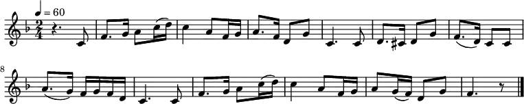 \relative c' {
\new PianoStaff <<
\new Staff { \key f \major \time 2/4 \tempo 4 = 60
r4. c8|f8. g16 a8 c16( d)|c4 a8 f16 g|a8. f16 d8 g|c,4. c8|d8. cis16 d8 g|f8.( d16) c8 c|a'8.( g16) f g f d|c4. c8|f8. g16 a8 c16( d)|c4 a8 f16 g|a8 g16( f) d8 g|f4. r8 \bar "|."
} >>
}