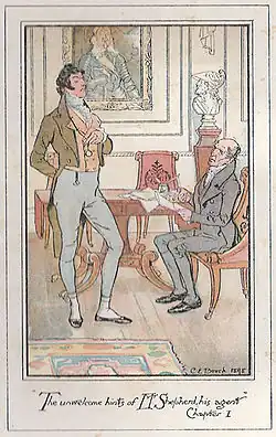 Illustration couleur. Debout, Sir Walter s'entretient avec son homme de loi, assis à un bureau