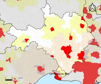 Localisation de l'aire d'attraction du Grau-du-Roi dans le département du Gard.