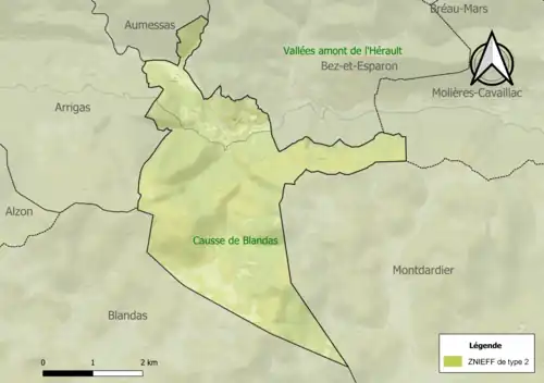 Carte des ZNIEFF de type 2 sur la commune.
