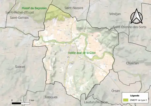 Carte des ZNIEFF de type 2 sur la commune.