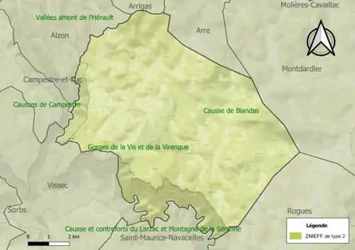 Carte des ZNIEFF de type 2 sur la commune.